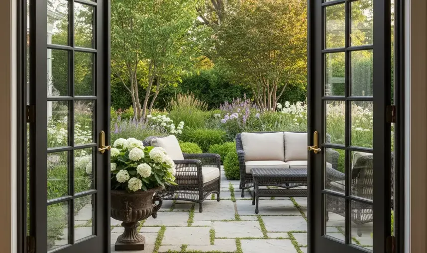 Technician adjusting a sliding glass patio door on a backyard deck
