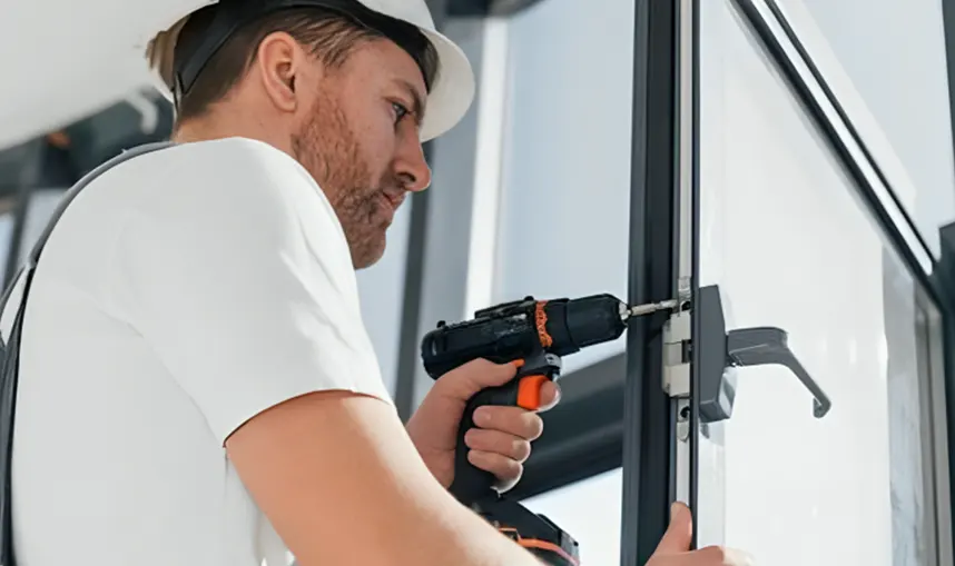 Installer setting a new fiberglass entry door into a brick doorway